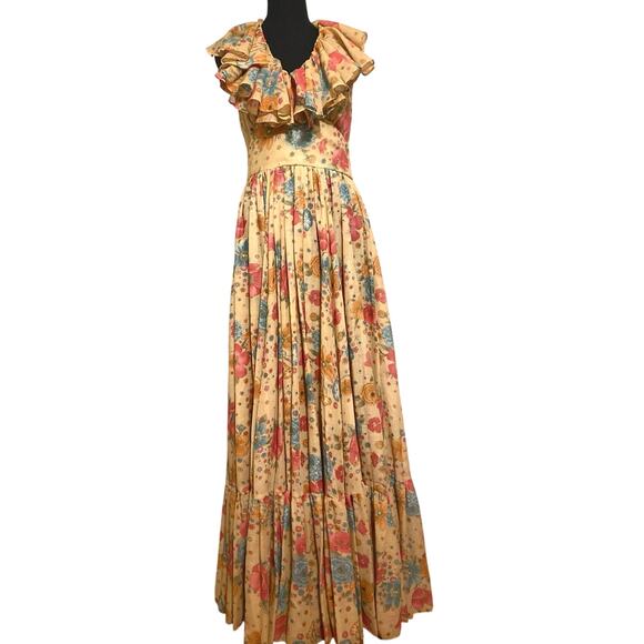 1970s Vintage Denise Are There Floral Halter‎ Maxi Dress Ruffled Small Medium Jr